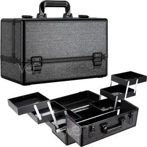 VER Beauty Makeup Organizer, Cosmetic Travel Kit, 6 Extendable Trays, Lockable Storage Box, Makeup Train Case, Aluminum Case, Impact & Scratch Resistant Makeup Vanity (Black Crystal)