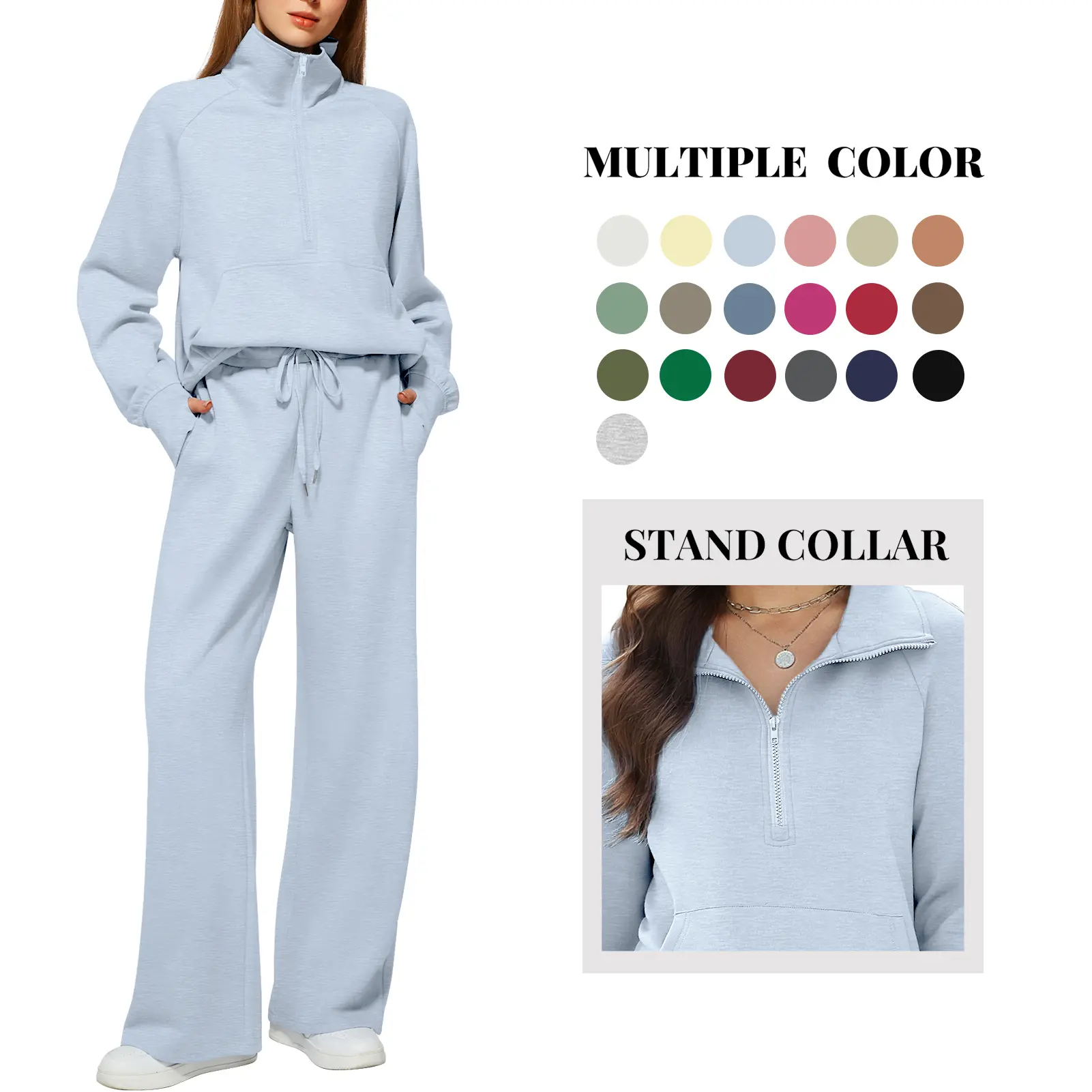 Casly Lamiit Women's 2-Piece Oversized Lounge Gym Tracksuit - Casly Lamiit Long Sleeve Ribbed Half-Zip Sweatshirt & Silky Fitted Wide Leg Bottom Sweatpants, Navy Blue Cotton Fabric, for Daily & Fitness Wear