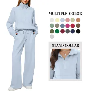 Casly Lamiit Women's 2 Piece Outfits Lounge Set 2026 Oversized Half Zip Sweatshirt & Wide Leg Sweatpants Navy Blue Cozy Cotton Tracksuit for Dailywear & Casual Wear Long Sleeve Basic