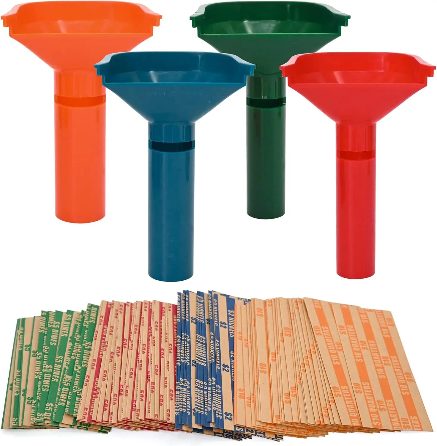 Coin Sorting Kit for Office Users - 150 Color-Coded Coin Wrappers, 4 Easy-Load Plastic Tubes, Includes Wrappers
