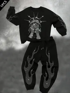 Men's Trendy Rhinestone Graphic Lady Liberty Two-Piece Set, Hoodie + Long Pants, Long Sleeves, Oversized Street Style, Casual Fall & Winter Fashion