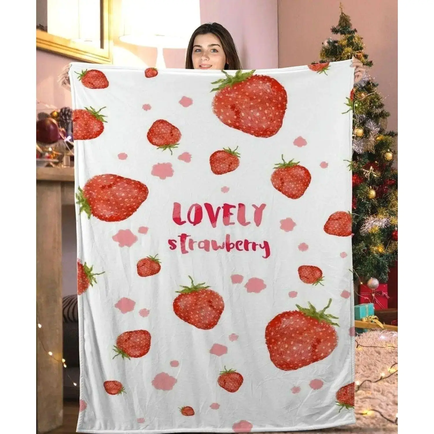 Lovely Strawberries Blanket, Cute Fruit Pattern Fleece Throw Blanket