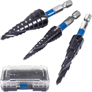 3- M35 Cobalt Step Drill Bit Set -- CBN Ground, AlTiN Coated, 1/4" Hex Shank | 6, 10 & 13 Steps | 1/8"-3/4" | Sheet Metal, Stainless Steel, Electrician