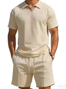 Men's Textured V-Neck Short Sleeve Set, Summer Loose Fit Top and Drawstring Shorts Two-Piece, Casual Holiday Vacation