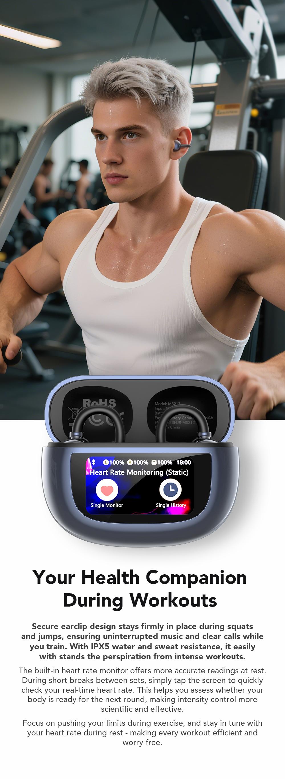 MINISO MS212 Clip-On Ear Headphones with Heart Rate Monitoring Wireless Audio Headphones for Music & Phone Calls, IPX5 Sport Waterproof & Sweatproof, with LCD Full Color Touch Screen, Bluetooth 6.0 Headsets, Heart Rate Health Management