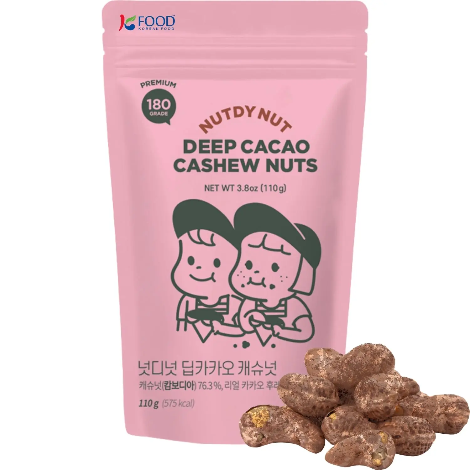 Korean Food Jumbo Cashew Nuts, Deep Cacao Flavor, Roasted Snack, 3.88 oz | Roasted jumbo cashew nuts coated with rich cacao flavor in a convenient snack size