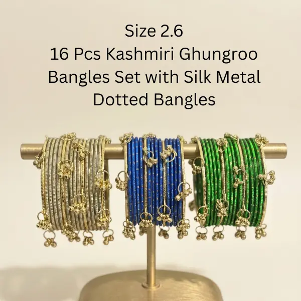 Size 2.6 Rani Silk Dotted Metal Bangles with Kashmiri Ghungroo Bangles, Party Wear, Female