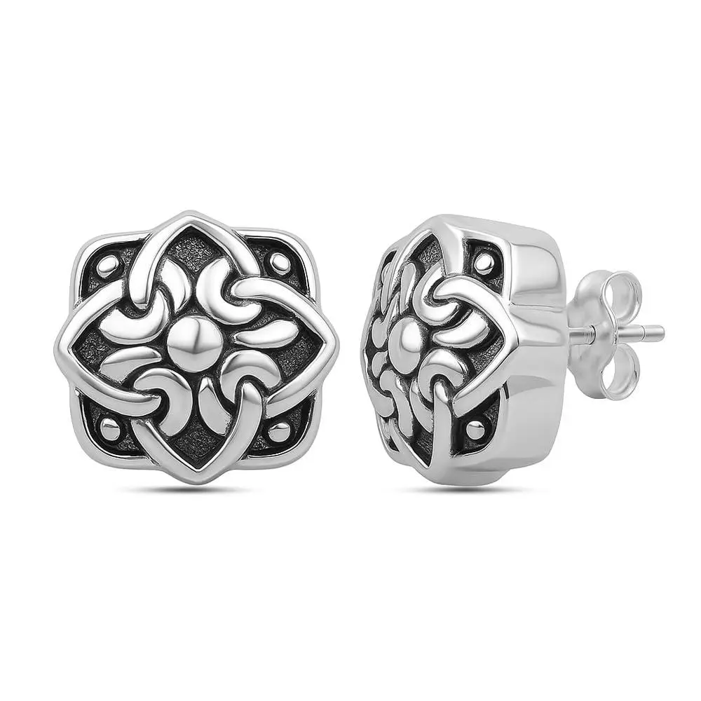 LeCalla 925 Sterling Silver Celtic Knot Stud Earrings | Lightweight Antique Jewelry | Square Shaped Filigree Cut Chunky Stud Earring for Women - 13mm