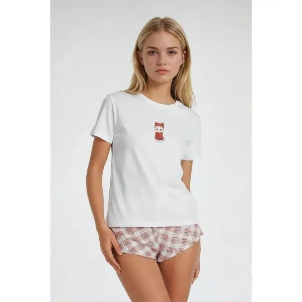 Forever 21 Women's 2-Piece Ivory Short-Sleeve Cute Cat Graphic Tee & Plaid Shorts Loungewear Pajama Set - Lightweight, Comfortable, Everyday Casual Sleepwear