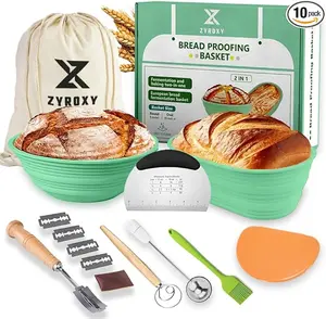 Silicone Banneton Bread Proofing Basket Round & Oval, Sourdough Starter Kit, Foldable Sourdough Baking Basket, Includes Essential Tools, Easy to Clean and Use Bakeware Utensils