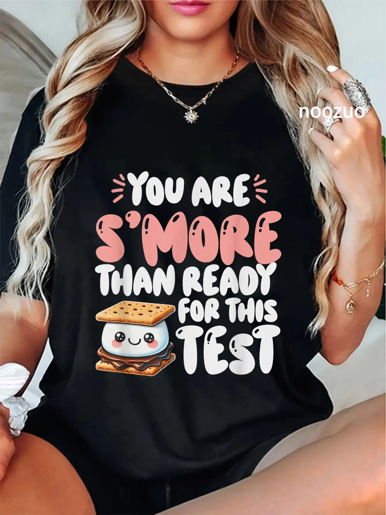 Women's 100% Cotton Round Neck Short-Sleeve Vintage Streetwear Graphic T-Shirt, Casual Everyday Wear for Test Day with "You Are S'more Than Ready" Print - Women's Clothes Essential