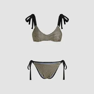 Cider U-neckline Gingham Bowknot Bracelet Tie Side Bikini Set