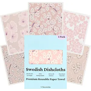 Swedish Dishcloths for Kitchen - 5 Pack -  Paper Towels with Clips - Super Absorbent, Non-Scratch, Washable, Sustainable,  Compostable Cleaning Cloths (Cherry Blossom)