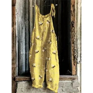 [Bee Print |   Casual] Yellow Sleeveless Women's Casual Overalls |   Bee Print Jumpsuit with Pockets |   Polyester, Loose Fit