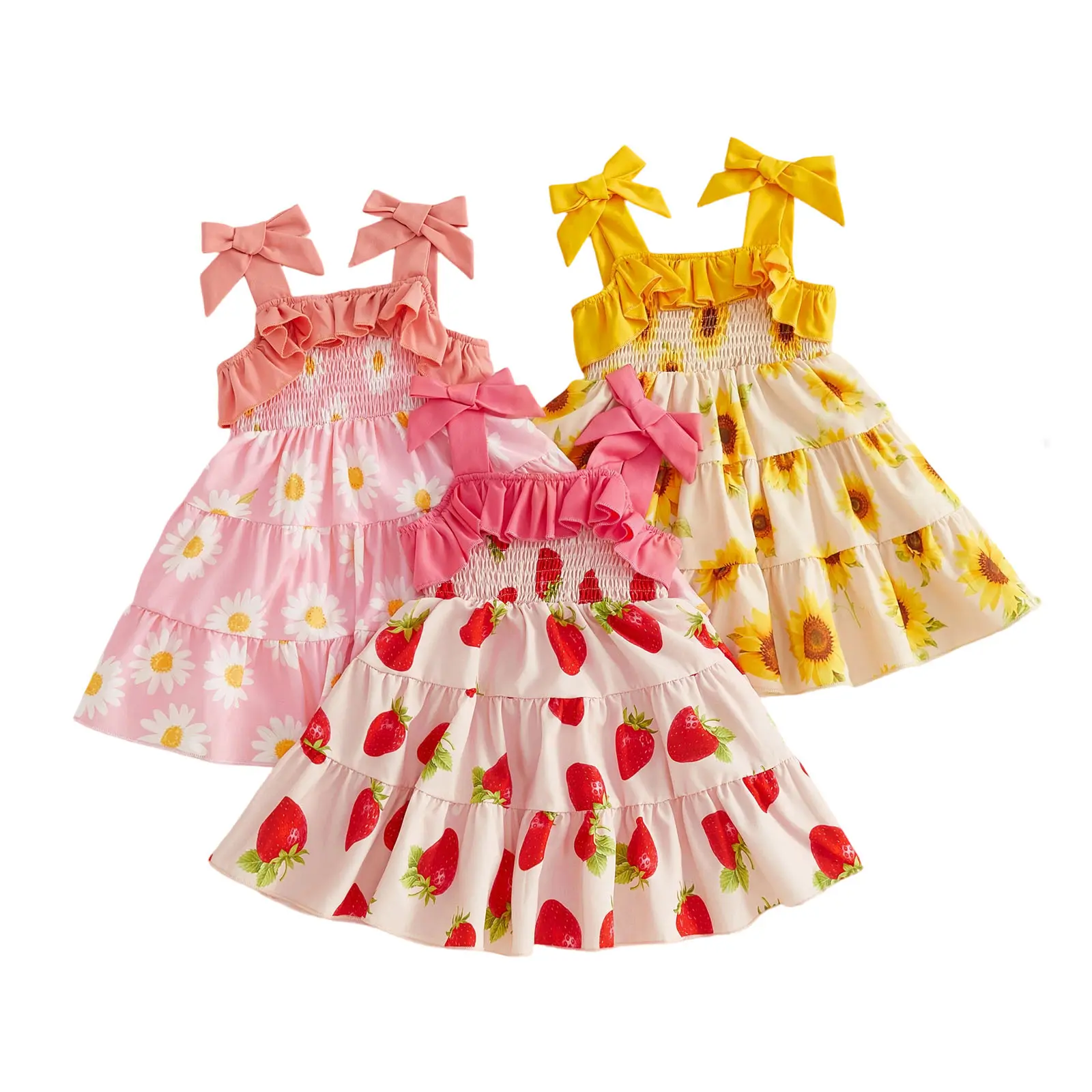 Toddler Baby Little Girls Sleeveless Dress Casual Bow Straps Floral/Strawberry Print Summer Dress for Cute Clothes 6M-4T