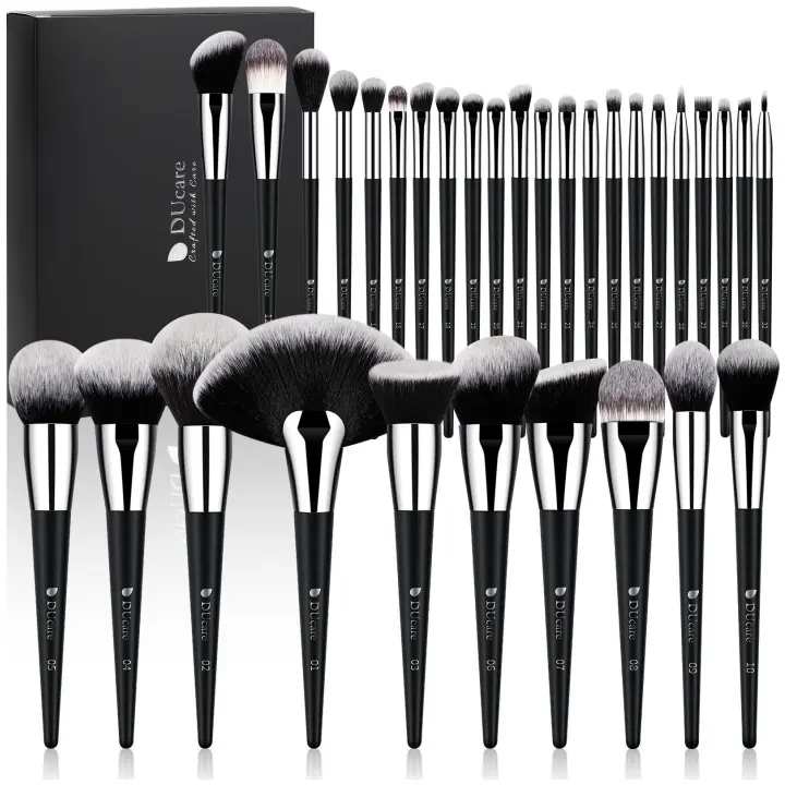 DUcare 32Pcs Pro Cosmetic Brush Set - Hypoallergenic Sensitive-Safe Premium Synthetic Aluminum Brushes with High-Density Fibres, Cruelty-Free, Numbered Guides, Eyeshadow & Full Face Application, Included Gift Storage Bag
