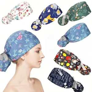 6pcs Women'S Floral Lined Scrub Caps, Elastic Surgical Nurse Hats, Breathable Polyester Beanie, with Button Ribbon Tie, for Long Hair, Hand Washable vintage