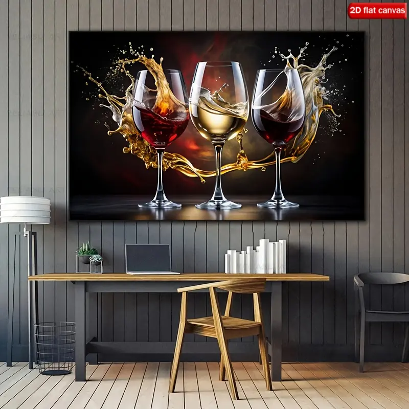 1 modern wine-themed decorative painting with frame - features a pattern of white wine glasses with golden wine splashes, thick solid wood frame paired with high-definition edged canvas, suitable for living room, kitchen, or wine cellar decoration - a war