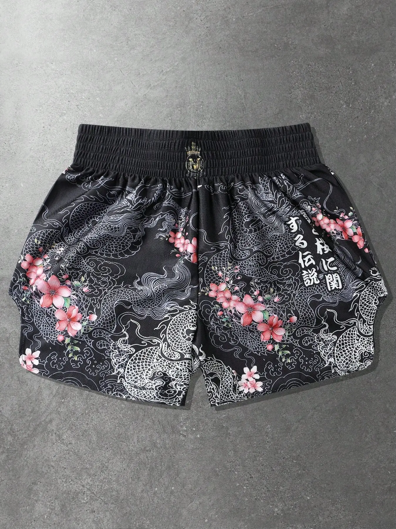 Men's Professional Muay Thai Boxing Shorts with Japanese Dragon & Sakura Legend Print | High-Elastic Waist Athletic Gym Shorts for MMA & Kickboxing Training | Breathable Quick-Dry Combat Shorts