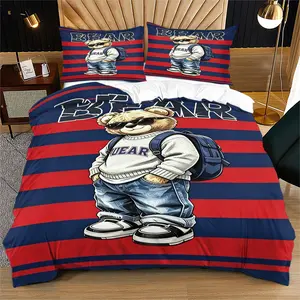 Handsome teddy bear printed pattern duvet cover set, including 1 duvet cover and 1 or 2 pillowcases, without a core or pillow, suitable for bedroom or dormitory Theme Bedding Set, suitable for gift giving or personal use