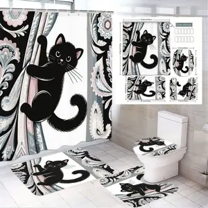 1/4pcs Black Cat & Floral Paisley Bathroom Set - Shower Curtain Sets with Climbing Cats, Matching Bath Mat, Toilet Lid Cover, Small Rug - Whimsical Decor for Easter, Halloween, Home Living, Modern Bathroom Design, Decoration
