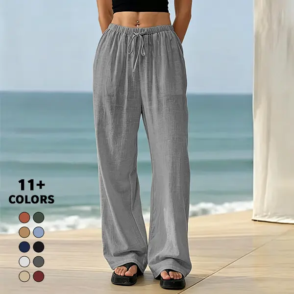 Women's Baggy Wide-Leg Pants, Casual Linen-Feel Trousers with a High Elastic Drawstring Waist for Everyday Wear, Crop Top, Top