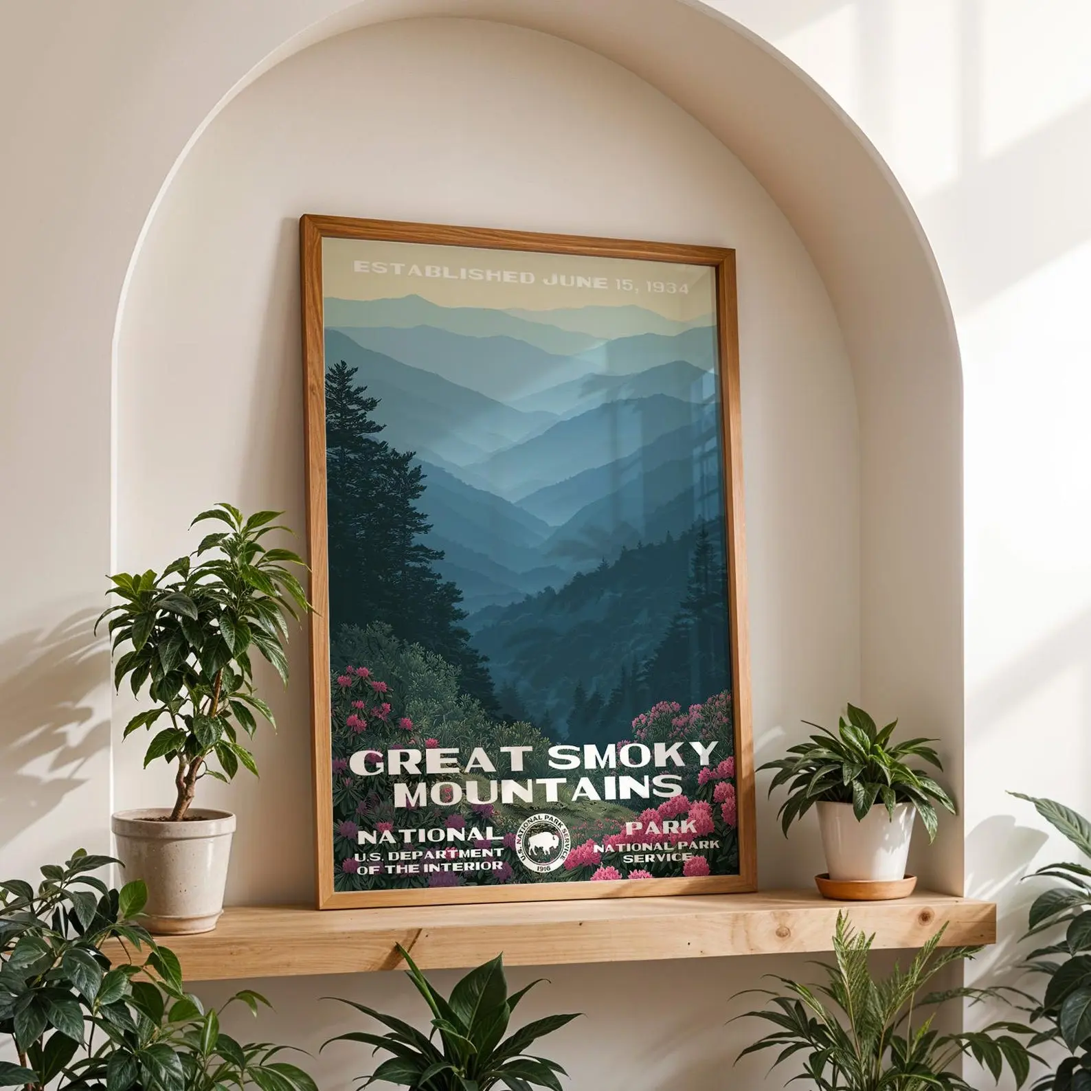 Great Smoky Mountains National Park Poster, Retro Mountain Landscape Print, Blue Ridge Decor, Unframed Travel Art