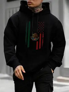 Men's Fall Winter Mexican Pattern Hoodie, Comfortable Long Sleeve Casual Fitted Sweatshirt, Perfect Gift for Boyfriend Friend Family, Ethnic Pattern Hoodie