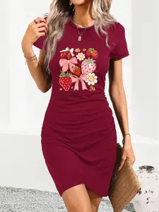 Strawberry Bow Dress for Women, Casual Fashion Short Sleeve Floral and Animal Print, Elegant Slim Fit Dress for All Seasons
