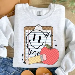 Teacher - Drippy Smiley With Clipboard Sweatshirt - Ash Grey - Teacher