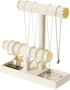 Jewelry Holder Stand,2 Tier Necklace Bracelet Organizer with Tray,Jewelry Displays for Selling Bangles Scrunchie Hair ties Watches and Chains (Beige) Box Boxes Tree Gift Photo Velvet