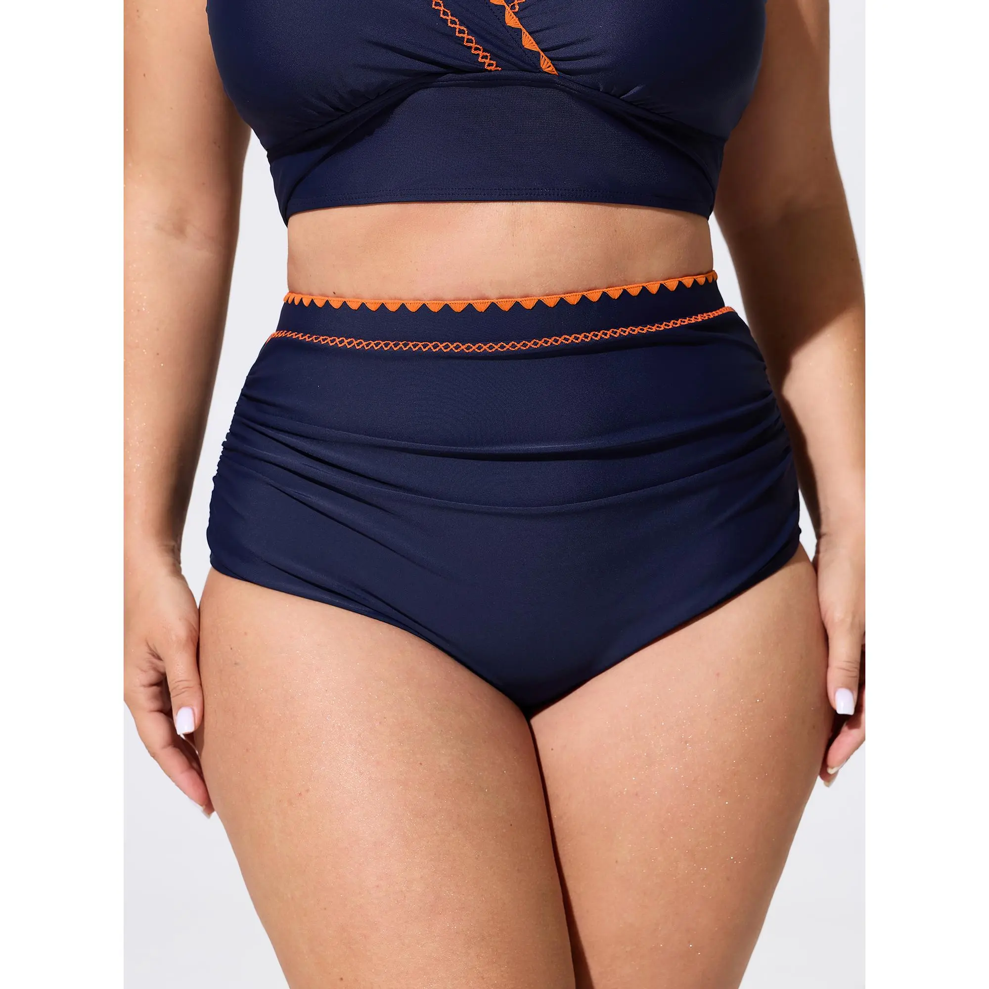 BloomChic Women's Plus Size High-Waisted Tummy Control Embroidery Bikini Bottoms - Elastane Nylon Stretchable Solid Beach Swimwear, Machine Washable Cold Wash, Sizes 14-16/1X,18-20/2X for Summer Sports & Outdoor Use, Casual Beachwear Women's Tankini Botto