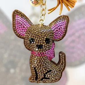 Cute Cartoon Chihuahua Keychain Rhinestone Key Chain.  Choose Tan,Silver, Gray, Blue or Black.