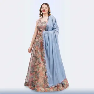 Elegant Floral Print Lehenga Choli & Blue Dupatta