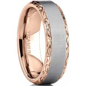Men's Titanium Hand-engraved Wedding Band Ring Comfort-fit Rosegold-tone 7MM