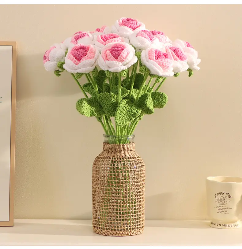 9 Pcs Crochet Rose Handmade Knitted Flowers, DIY Crochet Flower Bouquet, Artificial Flowers, Knitted Red Roses for Mother, Wife, Friend ,Graduation Home Decor