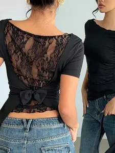 Women's 1pc  Solid Color  Lace Back Bow-Tie Short-Sleeve Fitted Top Blouse, Sheer Floral Lace Back Panel & Adjustable Bow-Tie Closure& Scoop Neckline & Slim-Fitting Silhouette & Short Sleeve Cut & Back Cutout Detail，gothic，Valentine