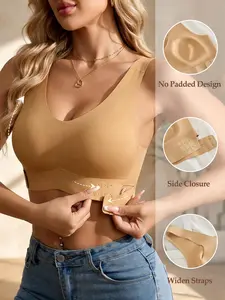 Women's Comfortable Seamless No Padded Elegant Breathable Cross Back Front Buckle Push-Up Full Coverage Bra, All Seasons Fitted Max Support