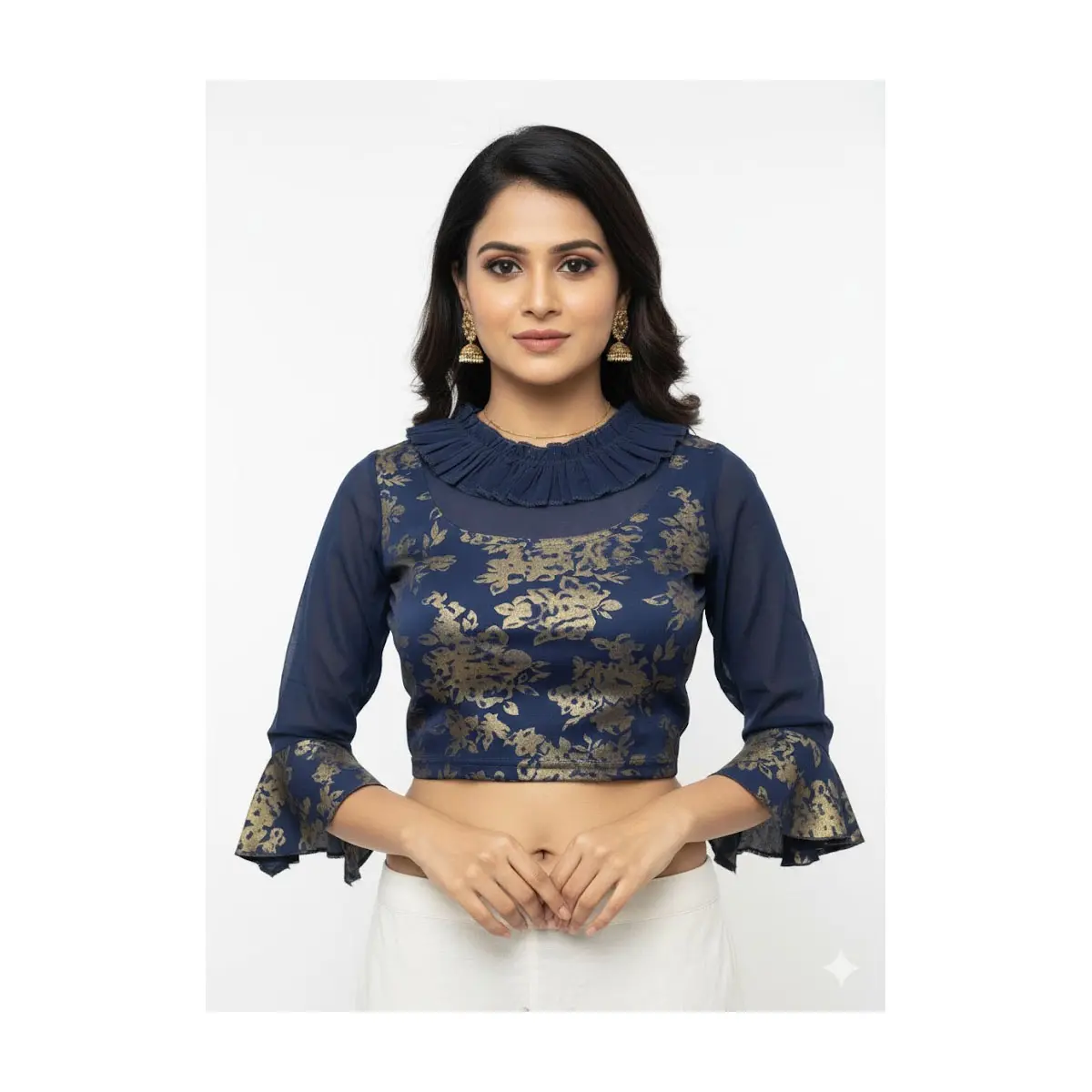 Brocade Ruffle-Neck Saree Blouse with Sheer Bell Sleeves #Hc-902