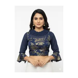 Brocade Ruffle-Neck Saree Blouse with Sheer Bell Sleeves #Hc-902