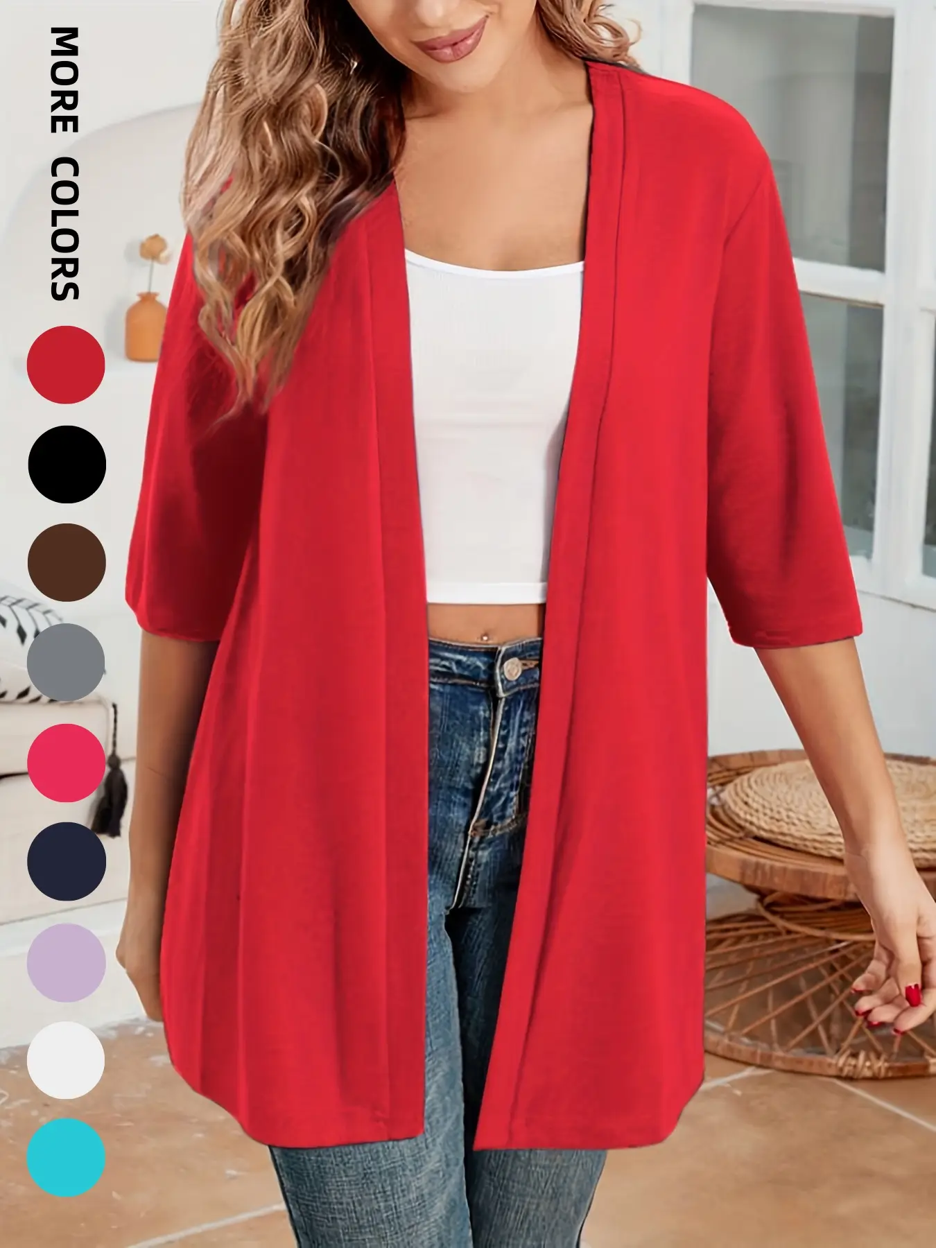 Plus Size Women's Solid Color Drop Shoulder Open Front Cardigan, Plus Casual Fashionable Half Sleeve Outerwear for Daily Outdoor Wear, Summer Outfits