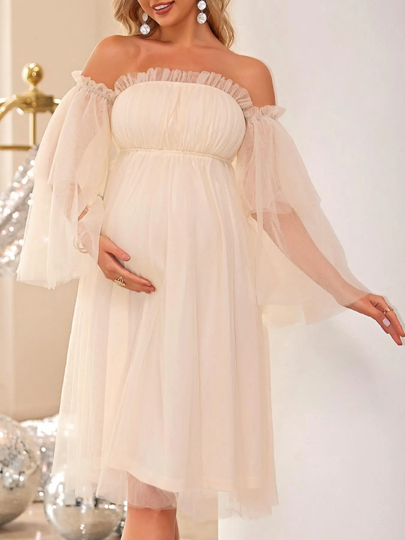 Women's Off Shoulder Frill Trim Sheer Tulle Maternity Dress, Elegant Flounce Sleeve A Line Dress for Party Wedding Guest, Maternity Clothing for All S