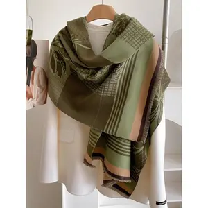 Women's Boho Style Plants Print Double Sided Fringe Trim Shawl, Casual Soft Warm Thick Scarf for Fall & Winter, Fashion Accessories for Women & Girls