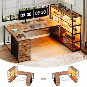 Sikaic 64.5 inches Reversible L Shaped Desk with Storage Shelves U Shaped Gaming Desk with 3 Drawers Power Outlet & LED Strip