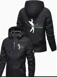 Heavyweight Windproof Jacket with Golf Ball Logo, Spring & Fall High-Quality Hardshell Zipper Coat, Casual Sporty Style Outerwear