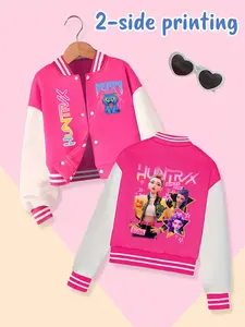 Girls Kpop Demon Hunters Korean Series Blue Cat Punk Jacket, Cartoon Print Short Baseball Coat, Casual Fall Winter Elastic Outerwear, Casual Comfy Jacket