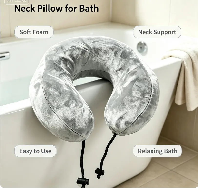 Grey U-Shaped Curve Memory Foam Bathtub Headrest Pillow - Lightweight Velvet Fabric Bathroom Accessory, Folding Easily with Adjustable Fit for Neck Support & Relaxing Bath