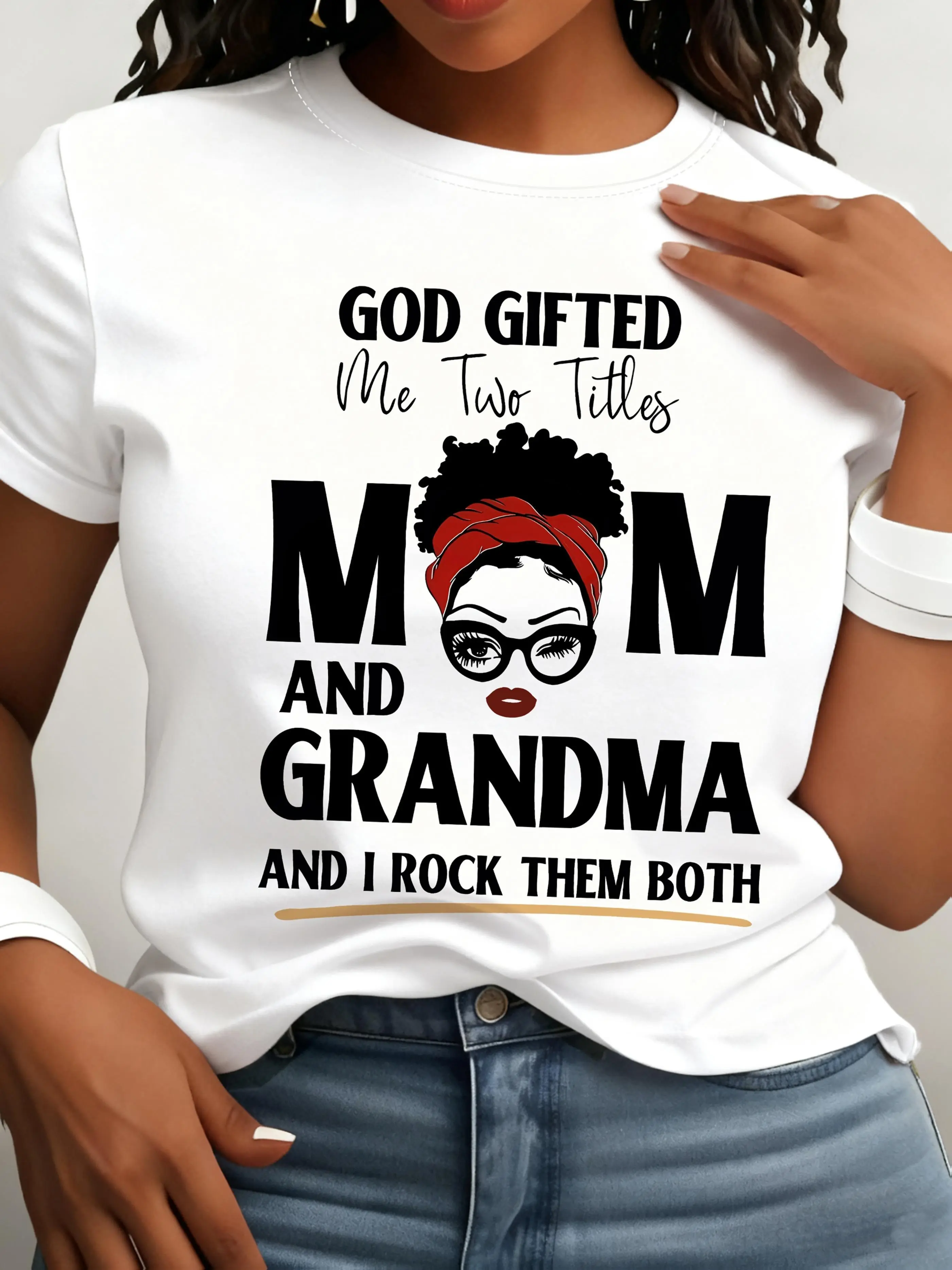 Women'S Casual Crew Neck T-Shirt with "God Gifted Me Two Titles Mom and Grandma" Letter Print,  Polyester Knit Fabric, Short Sleeve Top for All Seasons - 180gsm