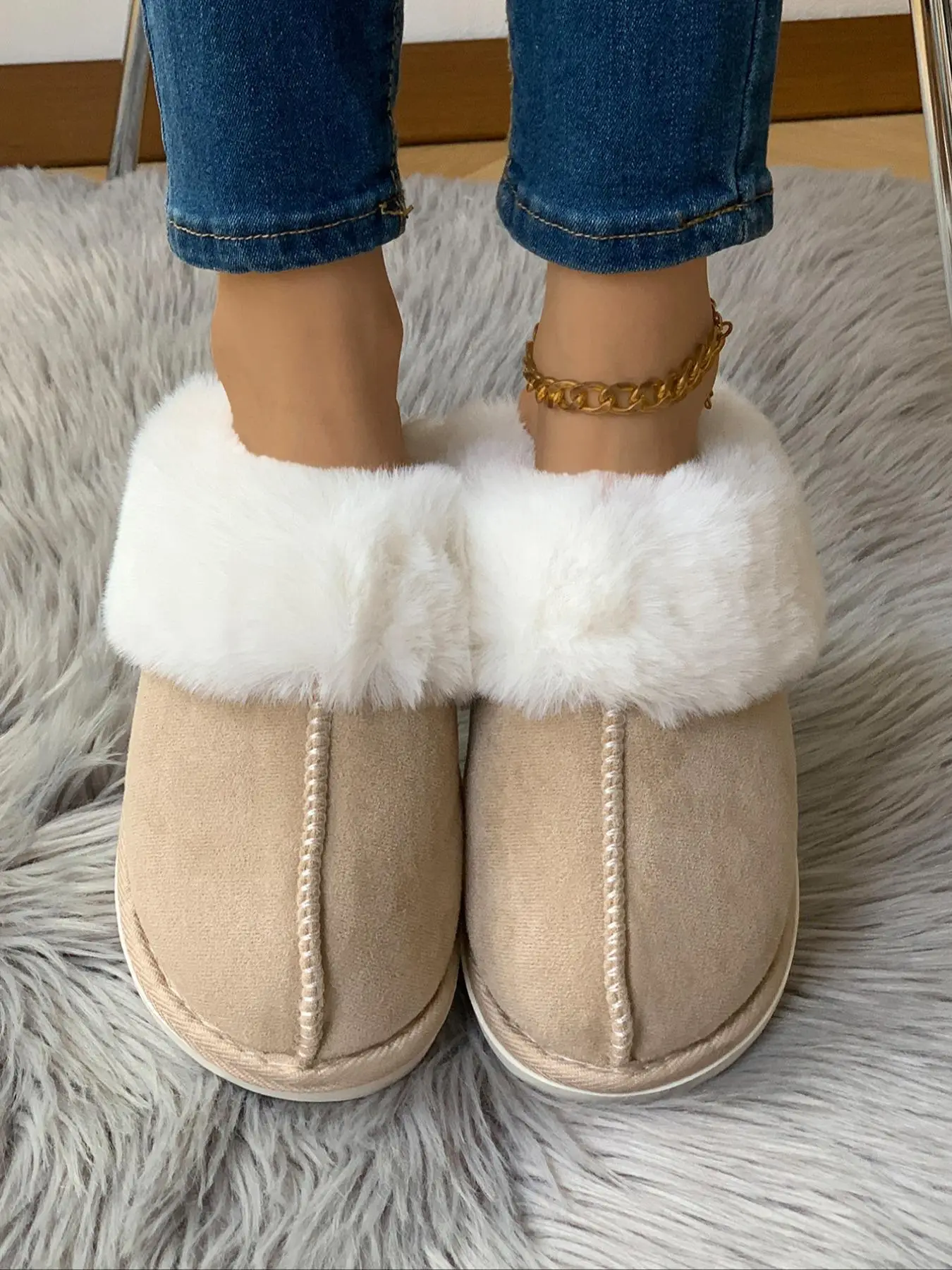 Women's Solid Color Contrast Faux Fur Slippers, Casual Soft Comfortable Home Slippers for Fall & Winter, Fluffy House Shoes for Indoor and Outdoor
