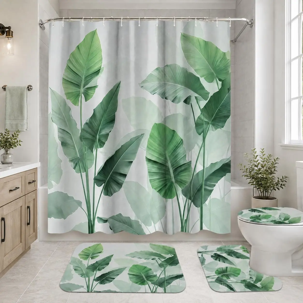 Inhousolu 4-piece shower curtain set, including bathroom rug, waterproof shower curtain, non-slip bath mat, toilet seat cover, U-shaped toilet rug, 12 hooks, plantain leaf pattern.,family